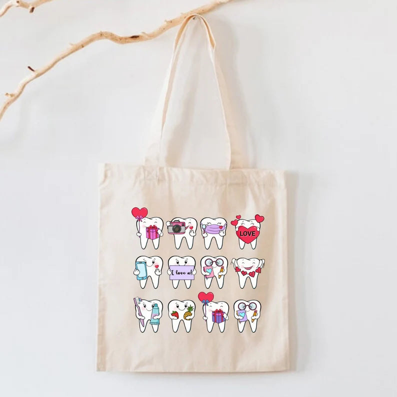 Cute Teeth Tote Bag – Funny Dentist & Dental Assistant Gift, Reusable Canvas Shopping Bag