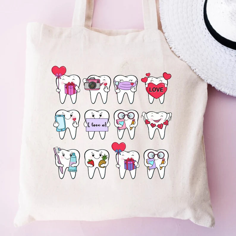 Cute Teeth Tote Bag – Funny Dentist & Dental Assistant Gift, Reusable Canvas Shopping Bag