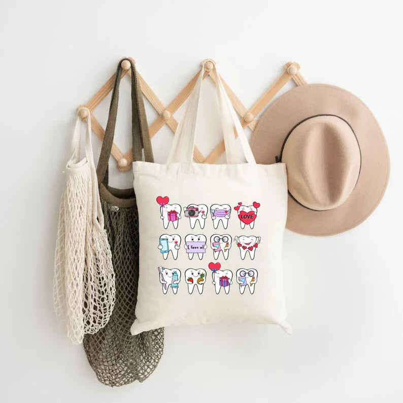 Cute Teeth Tote Bag – Funny Dentist & Dental Assistant Gift, Reusable Canvas Shopping Bag