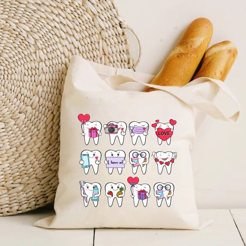 Cute Teeth Tote Bag – Funny Dentist & Dental Assistant Gift, Reusable Canvas Shopping Bag