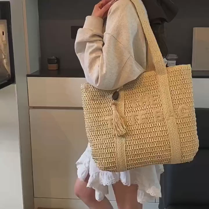 High-end French-style woven straw bag for women – Large capacity shoulder bag for beach travel