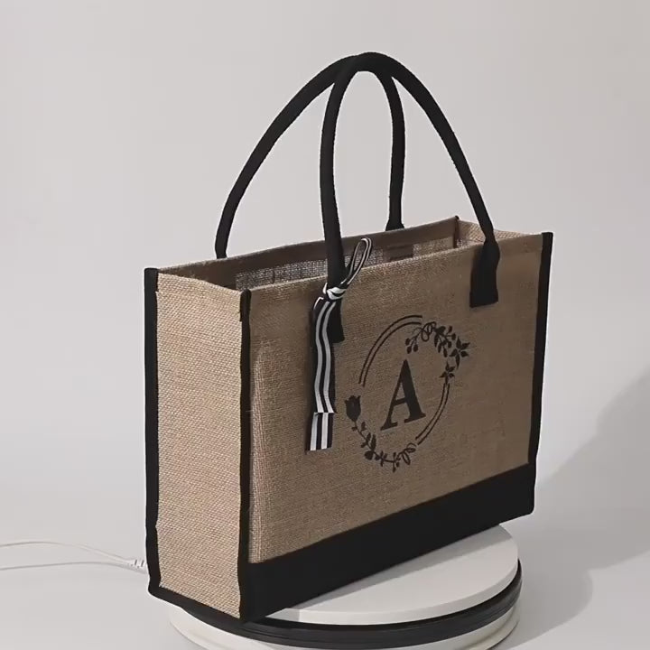 Personalized Natural Jute Tote Bag – Elegant Floral Initial Design